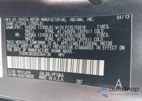 2013 Toyota Sienna Limited V6 7 Passenger from USA, damaged, VIN 5TDYK3DC6DS364736